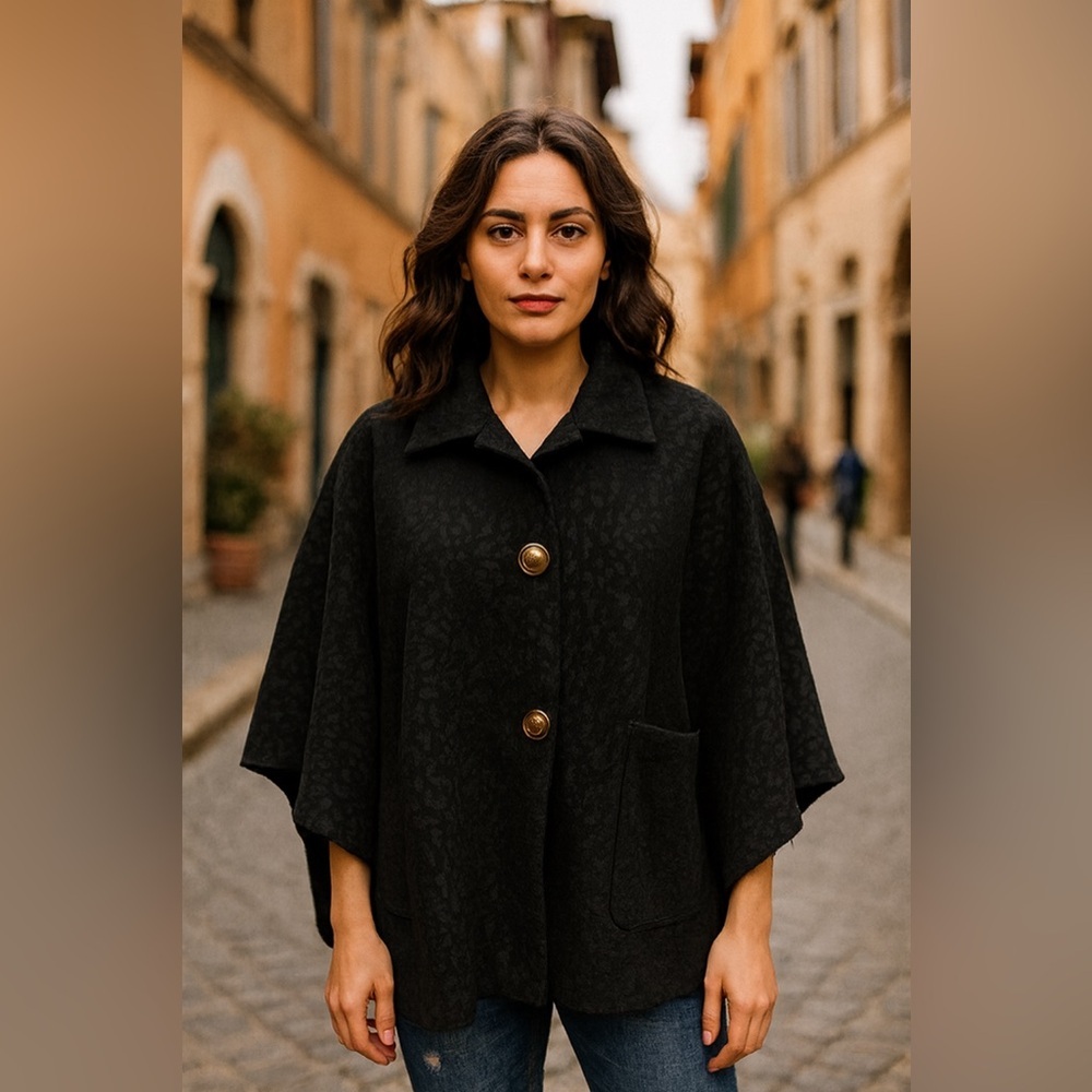 ITALICISE - Black Leopard on black Button Front CAPE / Poncho / Shawl. One Size